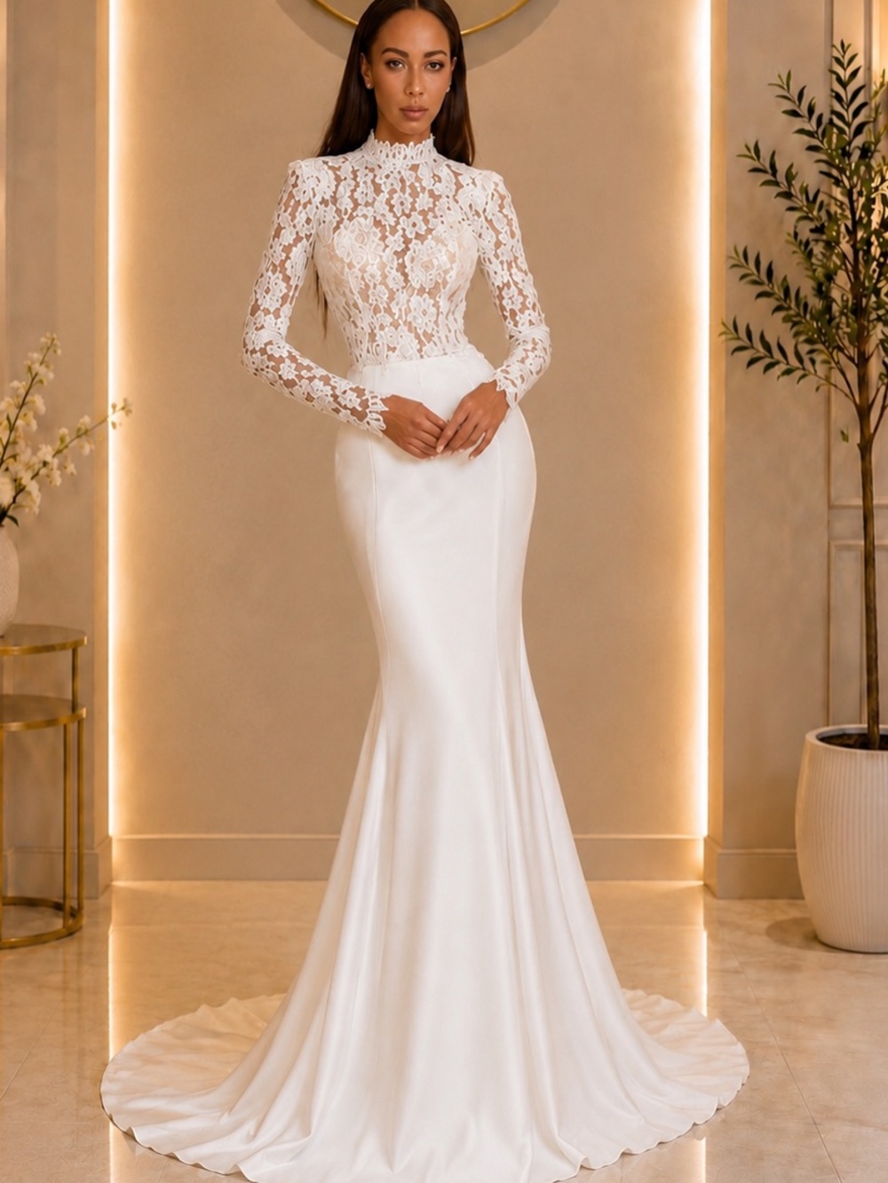 Elegant White Lace Long-Sleeve Mermaid Dress with back corset